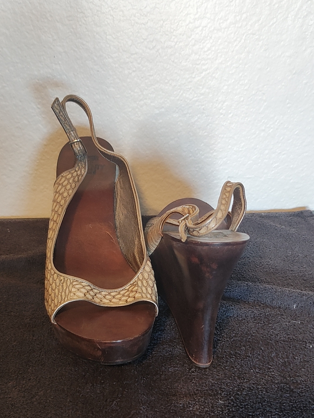 Super Suite Seventy Seven Bronze Wedge Sandals with Taupe Snakeskin Detail